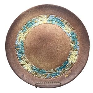 Vtg Mid Century Sascha Brastoff MCM crackle Mosaic Plate Sascha B Teal w gilt M9